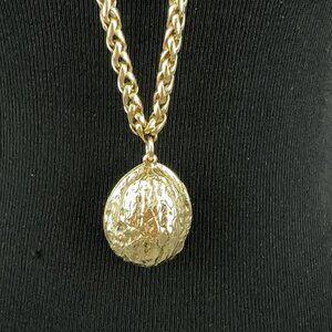 CAROLEE walnut locket necklace - 36.5" gold-tone wheat chain chunky HTF pendant